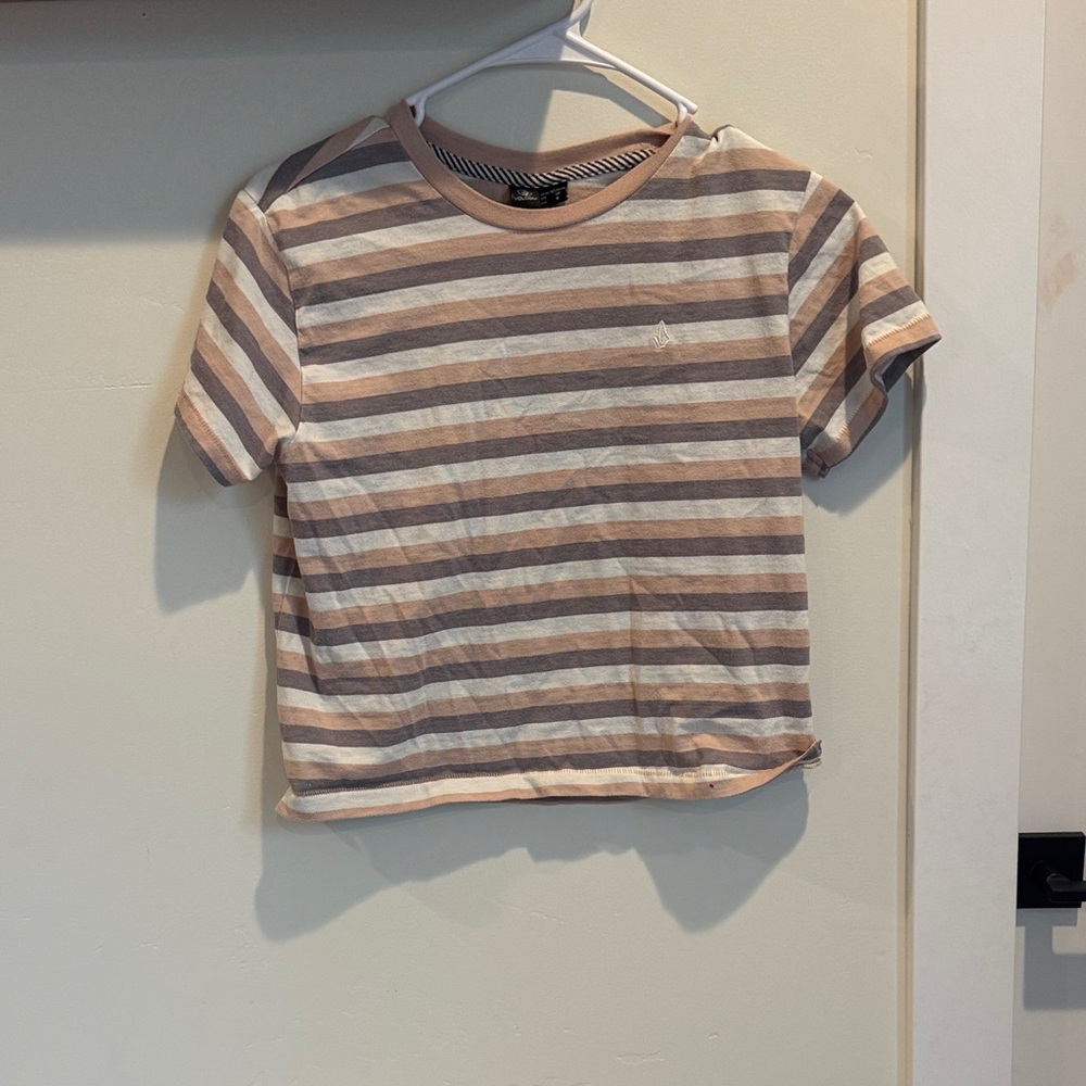 Volcom Striped Short Sleeve Tee - Cream and Brown